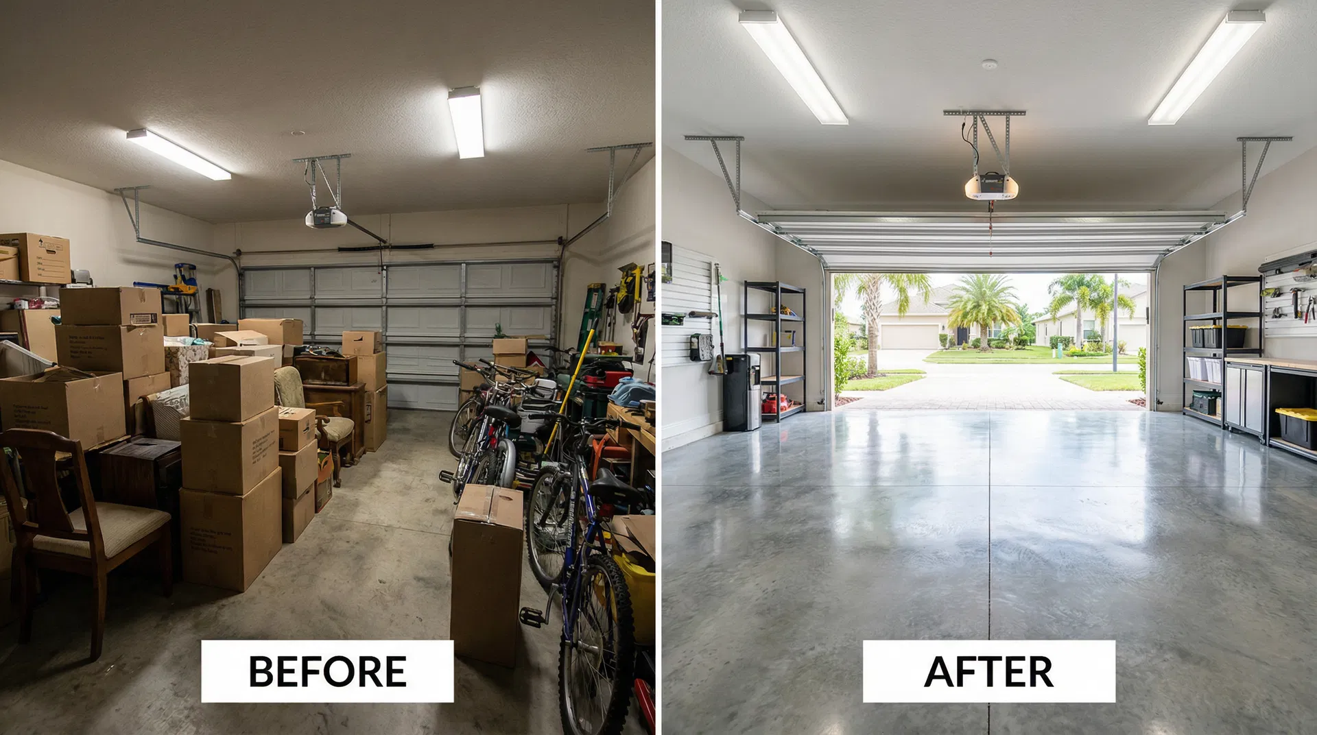 Before and after garage cleanout by Blue Lion Junk Solutions