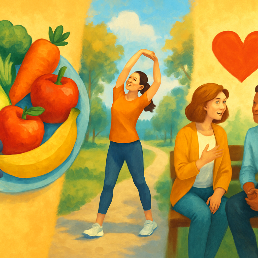 صورة توضح التغذية الصحية والرياضة والدعم النفسي