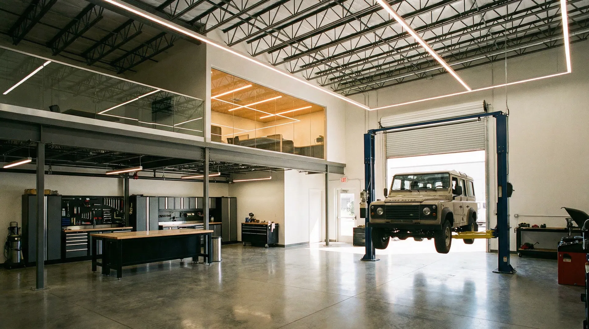 Flex bay interior with mezzanine office and workshop