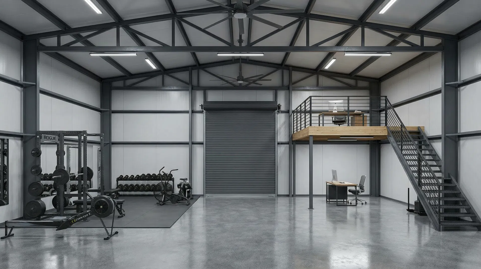 Personal training gym with mezzanine office