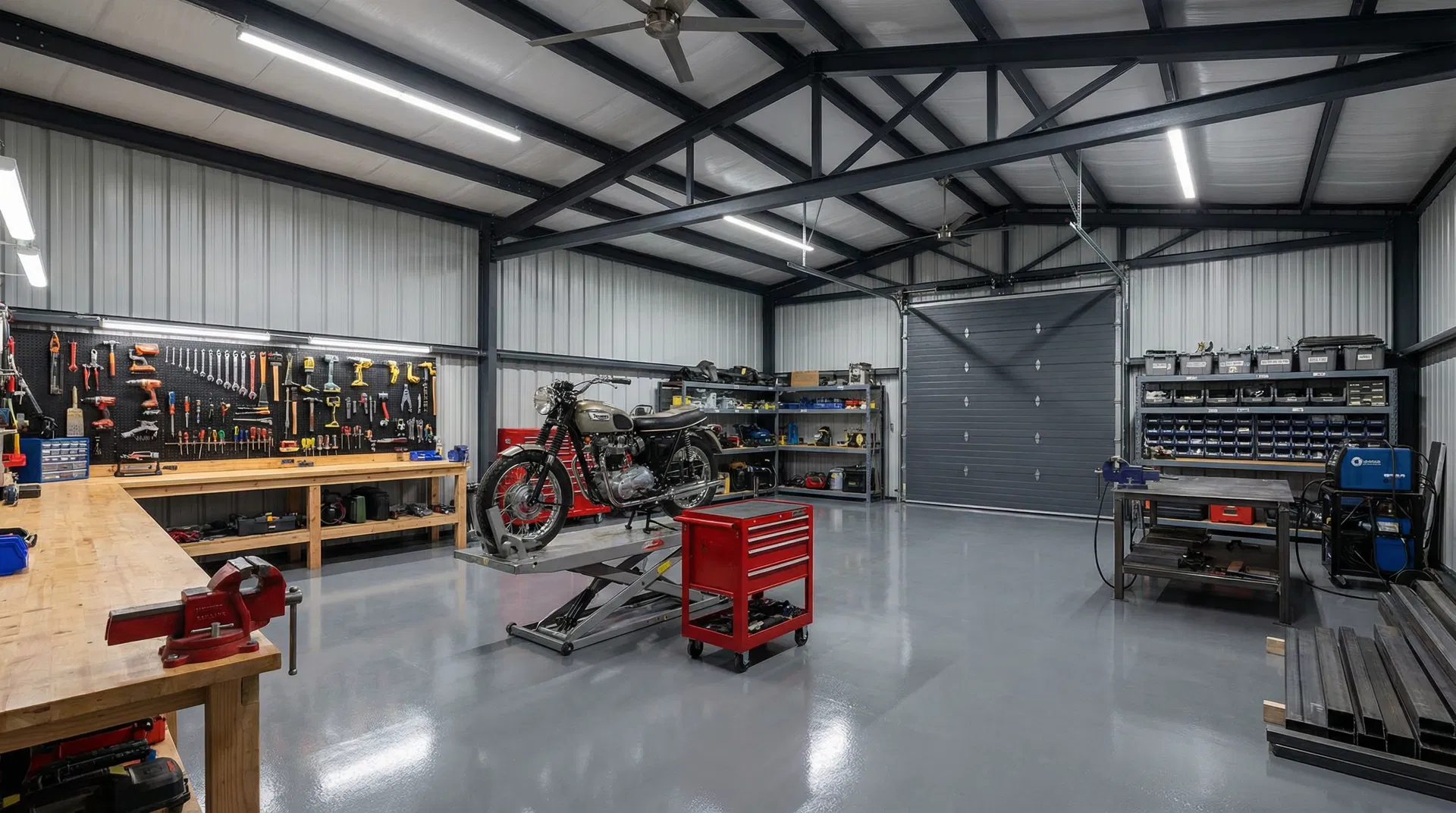 Professional workshop with tools and motorcycle