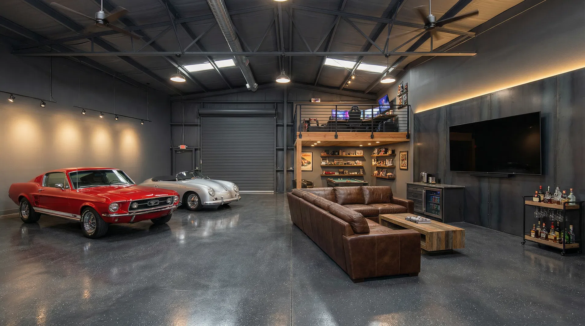 Luxury man cave with classic cars and lounge