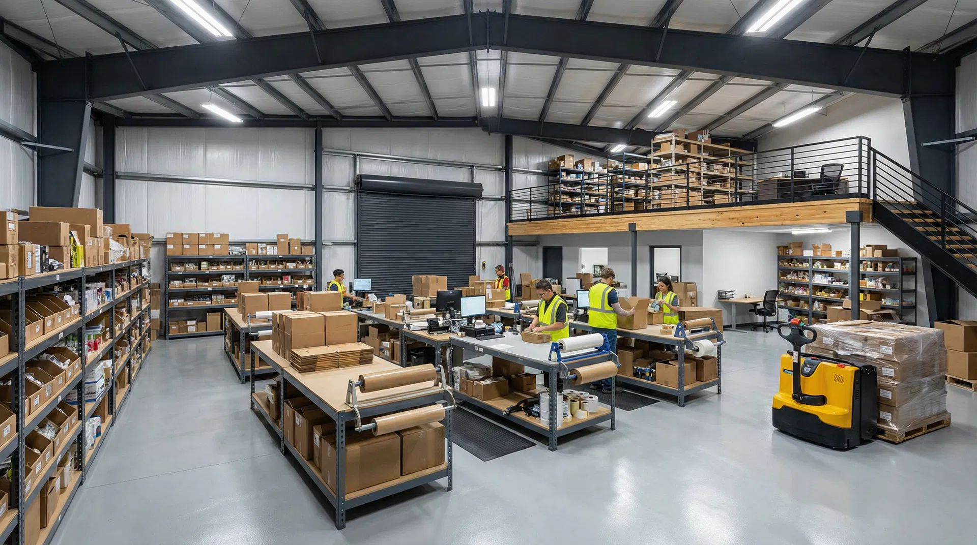 E-commerce warehouse with shelving and packing station