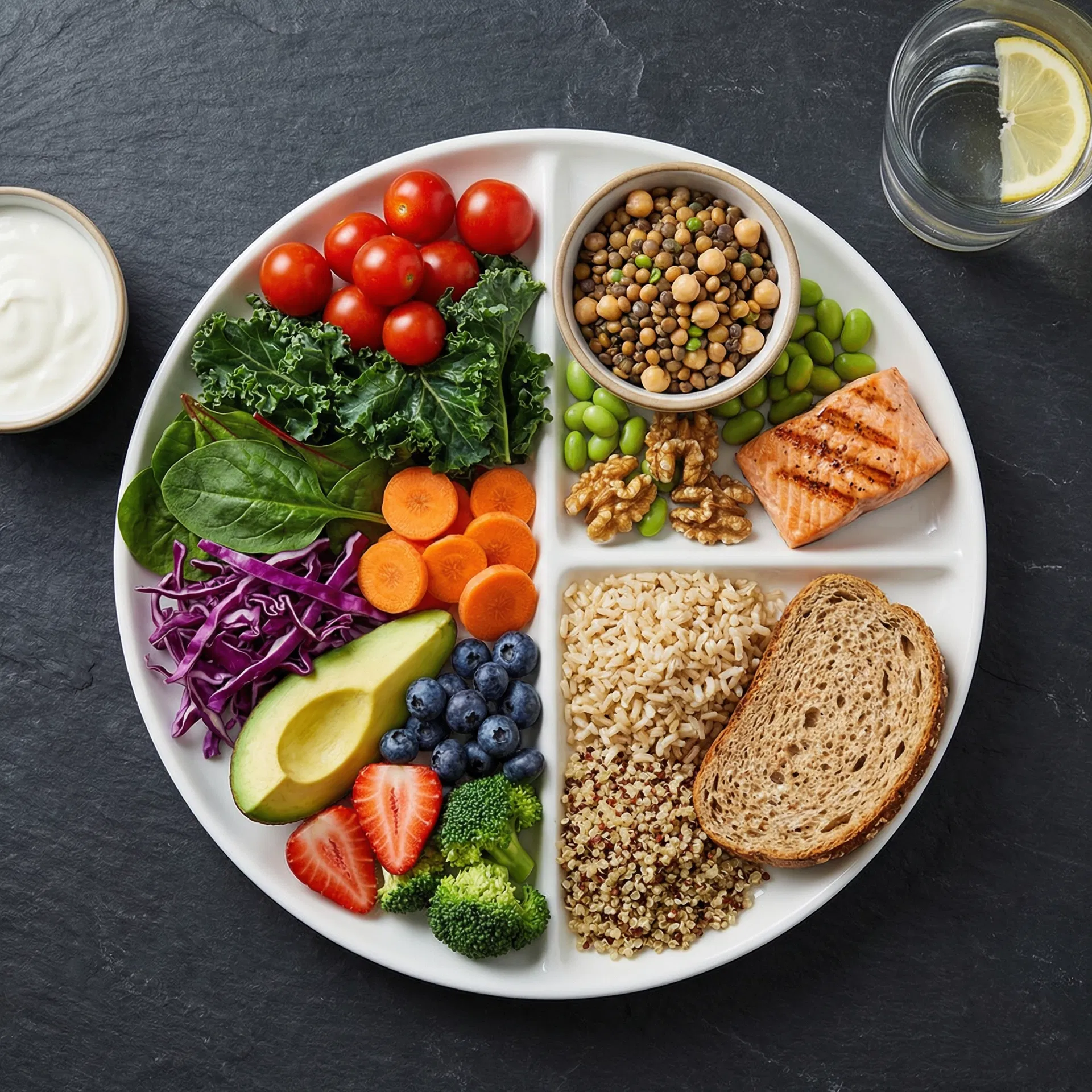 Overhead view of a healthy plate divided into vegetables & fruits, protein foods, and whole grains with a glass of water