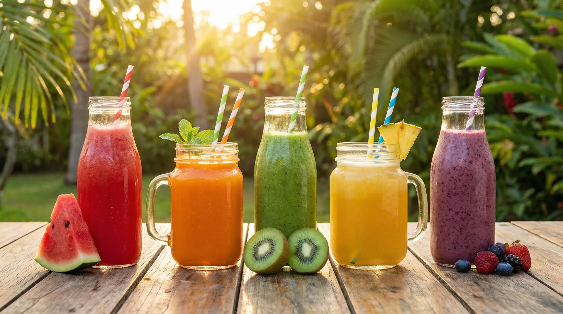 Colorful fresh fruit juice lineup