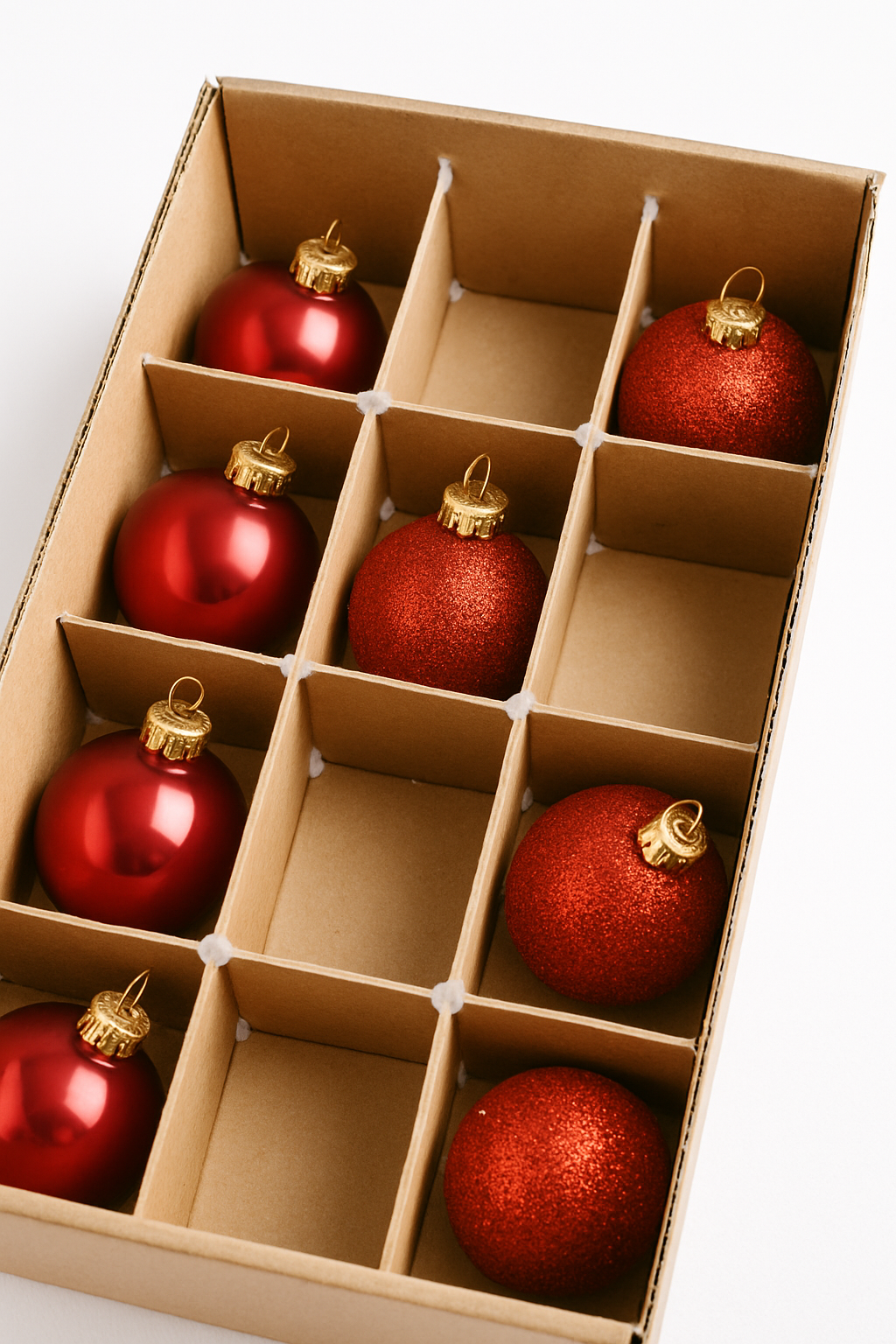 Imagem de uma caixa de papelão com divisórias feitas de papelão, guardando bolas de Natal vermelhas.