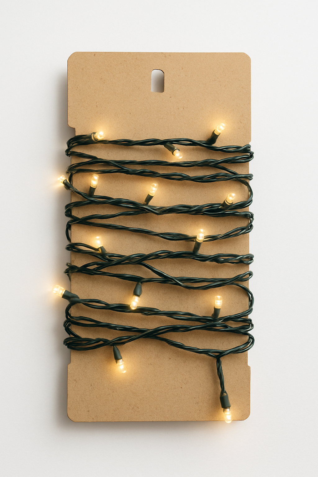 Imagem de um pedaço de papelão com um corte para prender e enrolar o pisca-pisca de Natal.