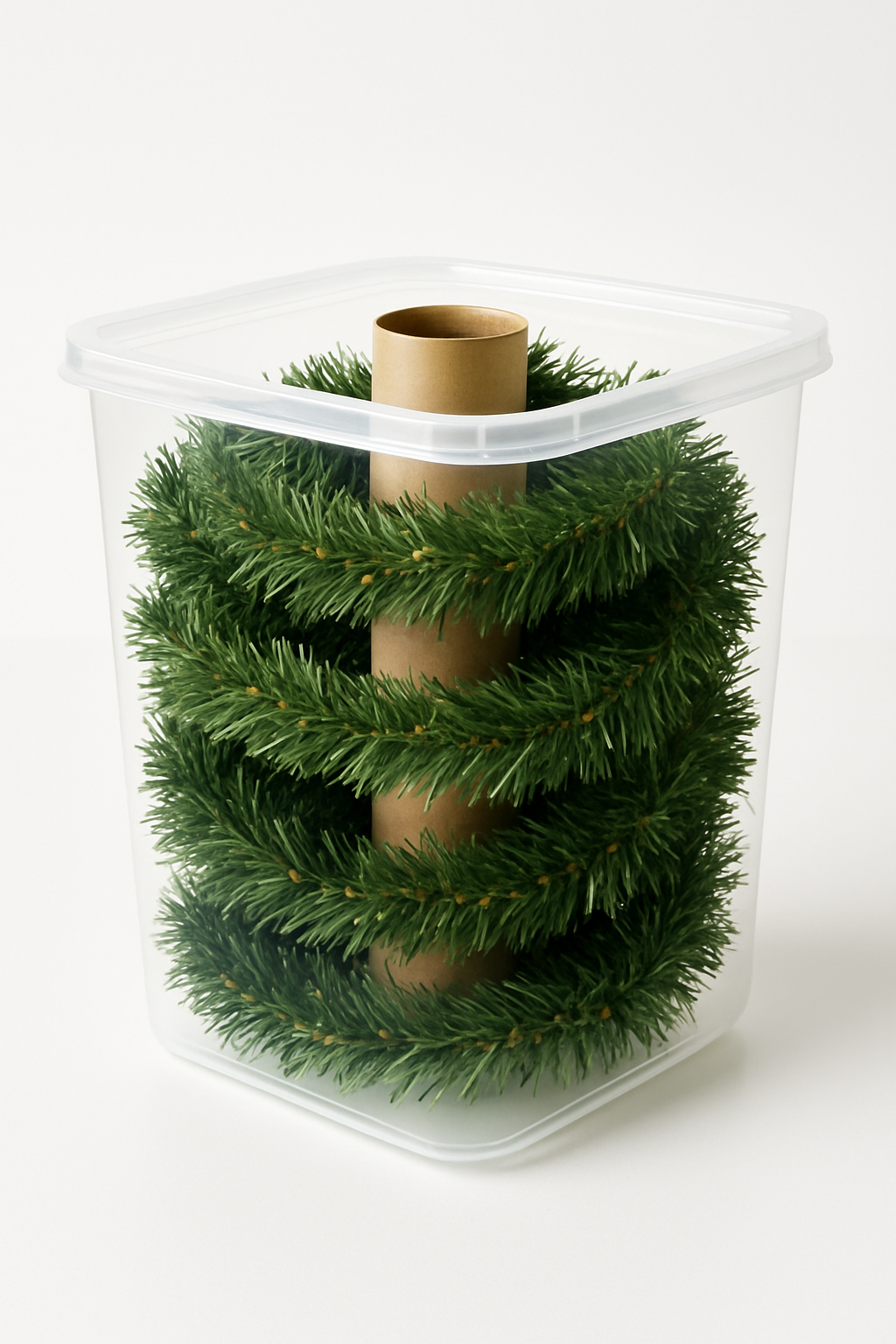 Imagem de um recipiente de plástico transparente com um tubo de papelão central, onde uma guirlanda verde está enrolada.