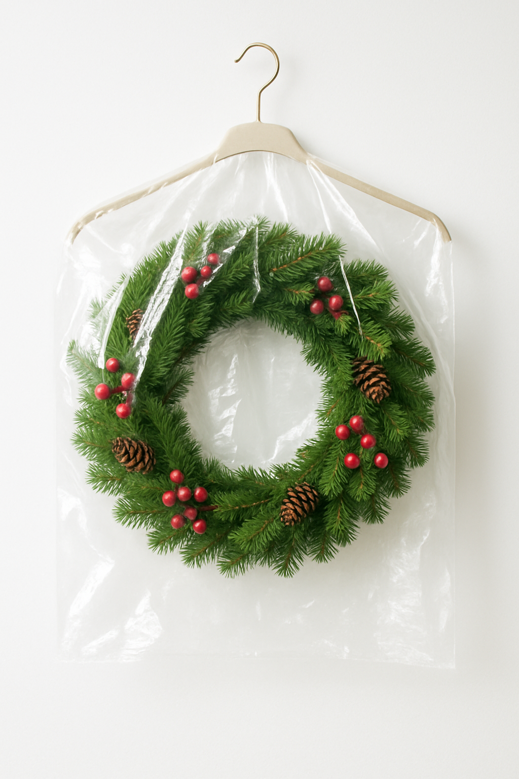 Imagem de uma coroa de Natal verde com frutas vermelhas, coberta por um saco plástico e pendurada em um cabide.