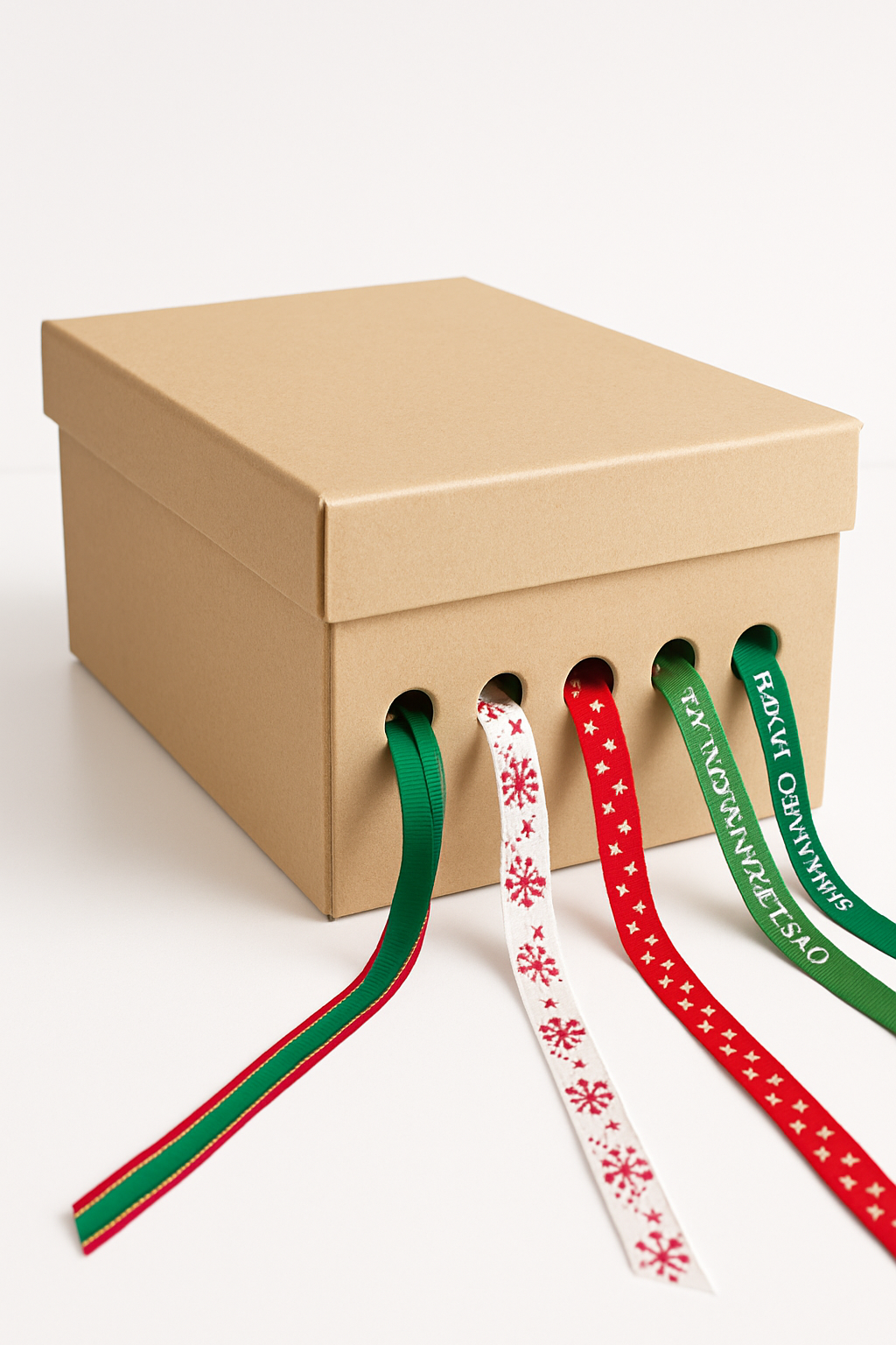 Imagem de uma caixa de sapato de papelão com furos na lateral, por onde saem fitas de Natal de cores e estampas variadas.