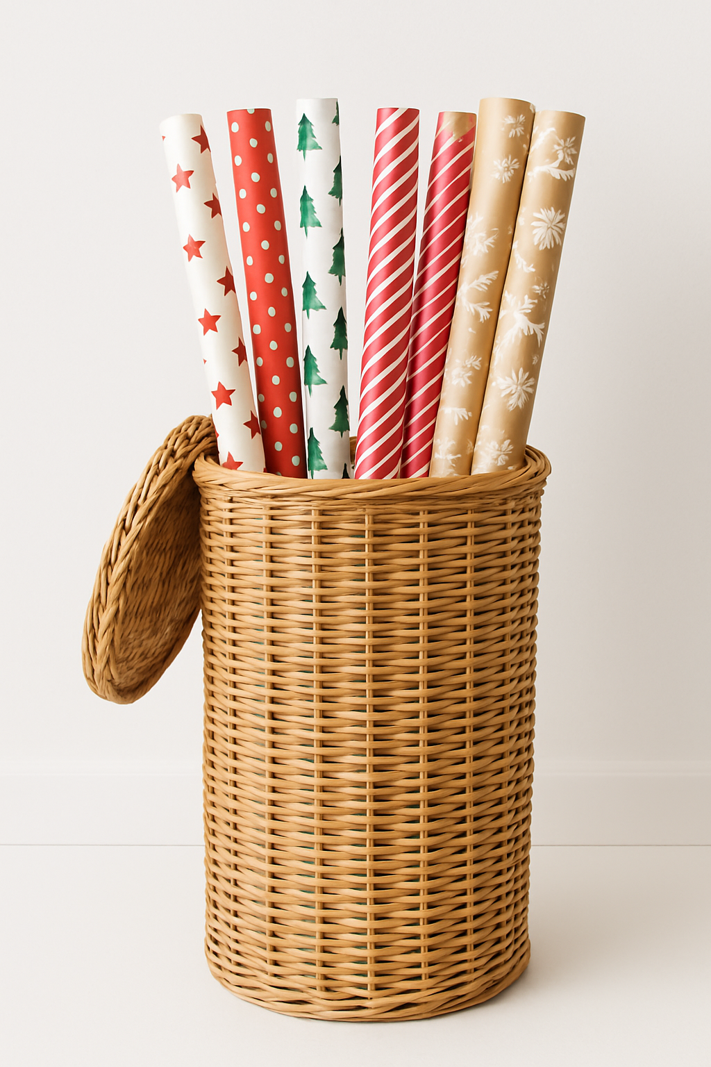 Imagem de um cesto de vime alto e redondo, com vários rolos de papel de presente de Natal (vermelho, verde, branco) guardados na vertical.
