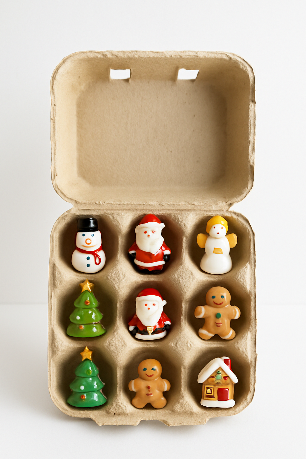Imagem de uma caixa de ovos de papelão aberta, com pequenas figuras de Natal (Papai Noel, boneco de neve, árvore) guardadas em cada cavidade.