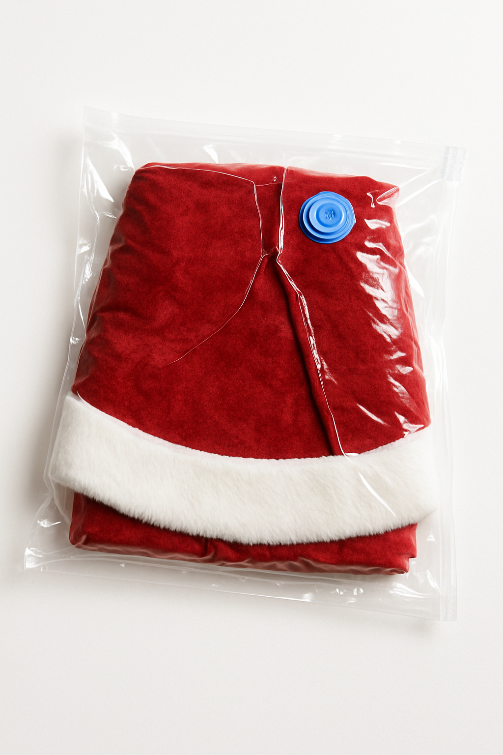 Imagem de uma saia de árvore de Natal vermelha e branca, dobrada e selada dentro de um saco plástico a vácuo.