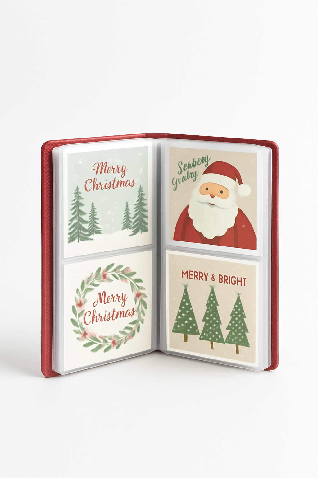 Imagem de um pequeno álbum de fotos vermelho aberto, com cartões de Natal coloridos guardados nas mangas plásticas.
