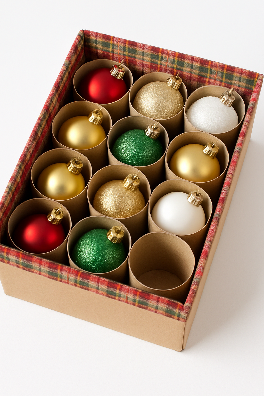 Imagem de uma caixa de sapato forrada com tecido e com rolos de papel higiênico colados dentro para guardar enfeites delicados.