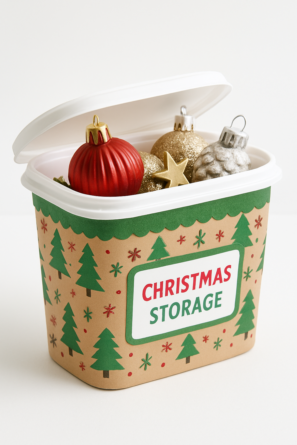 Imagem de um pote de sorvete de plástico decorado e usado para guardar pequenos acessórios de árvore.