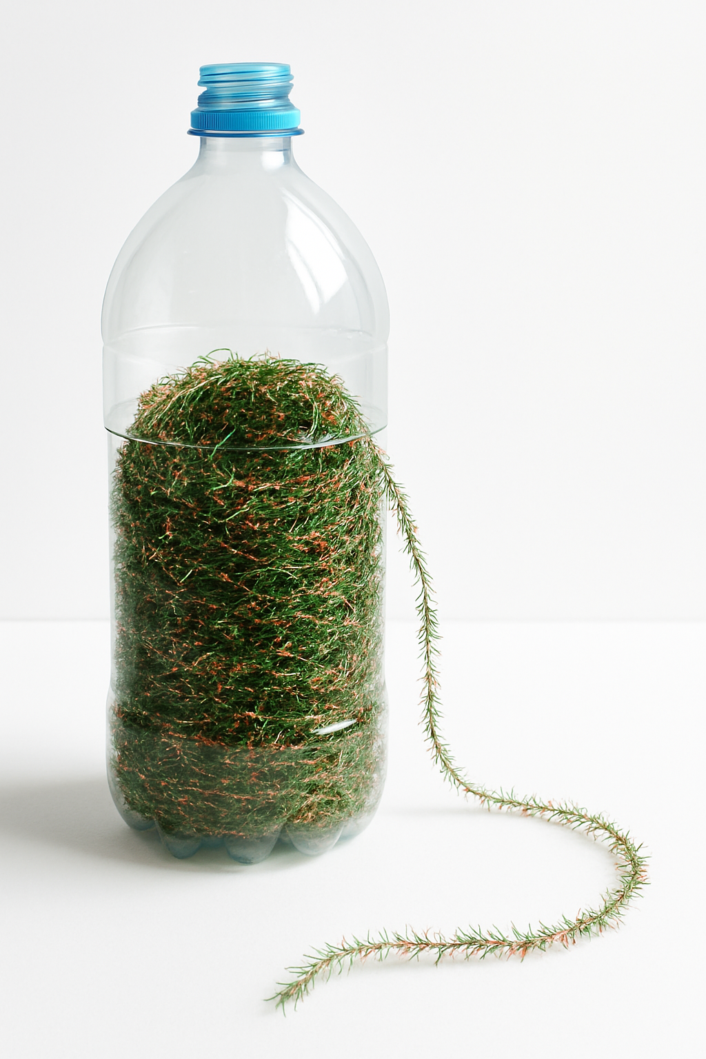 Imagem de uma garrafa PET grande cortada e usada como tubo para guardar guirlandas finas.