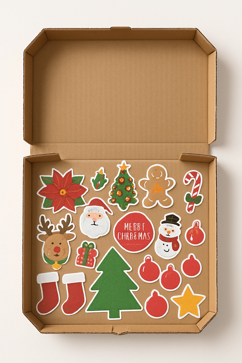 Imagem de uma caixa de pizza usada como bandeja plana para guardar adesivos e recortes de papel de Natal.