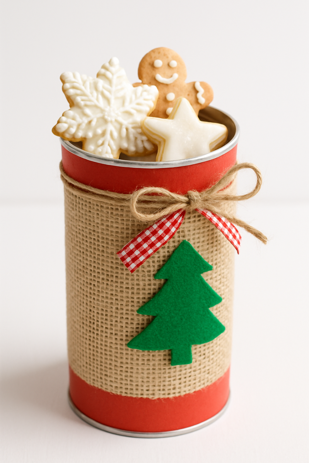 Imagem de um pote de batata frita (tipo Pringles) decorado e usado para guardar biscoitos de Natal delicados.