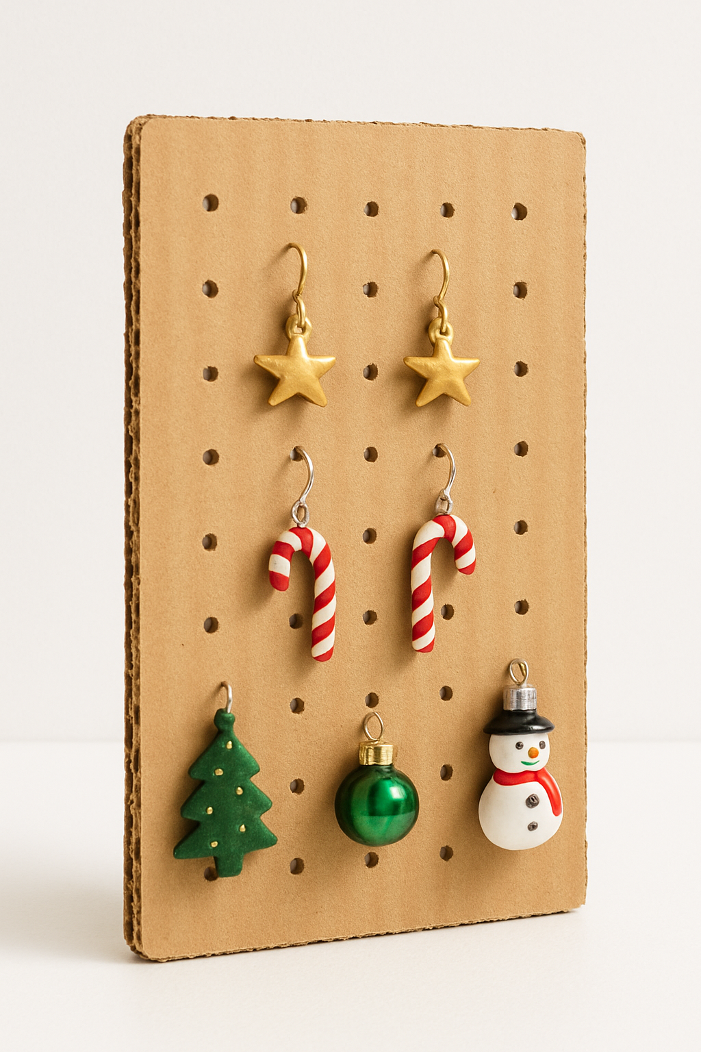 Imagem de um pedaço de papelão grosso com furos para prender brincos e pequenos enfeites de pendurar.