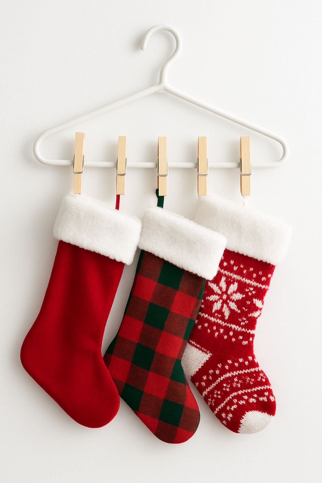 Imagem de um cabide de plástico com pregadores de roupa para prender e guardar meias de Natal.