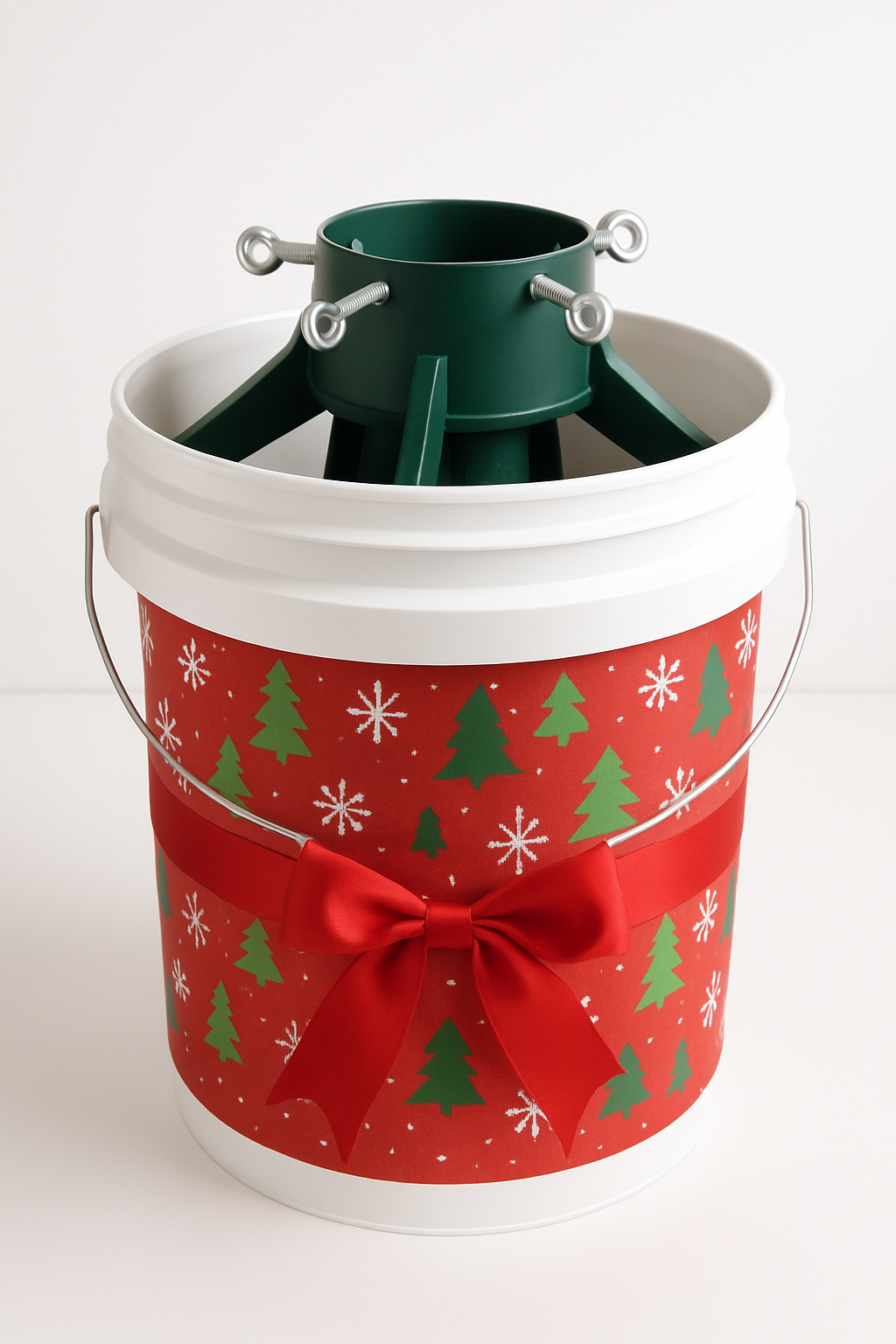 Imagem de um balde de tinta vazio e limpo, decorado e usado para guardar a base e o suporte da árvore de Natal.