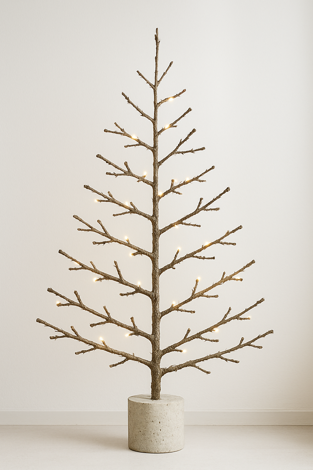Imagem de uma Árvore de Natal minimalista feita com galhos secos e base de concreto reciclado, decorada com pequenos pontos de luz dourada.