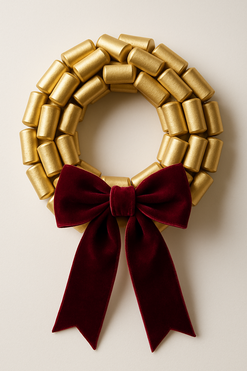 Imagem de uma Guirlanda sofisticada feita com rolhas de vinho e pintada em spray dourado fosco, com um laço de veludo bordô.