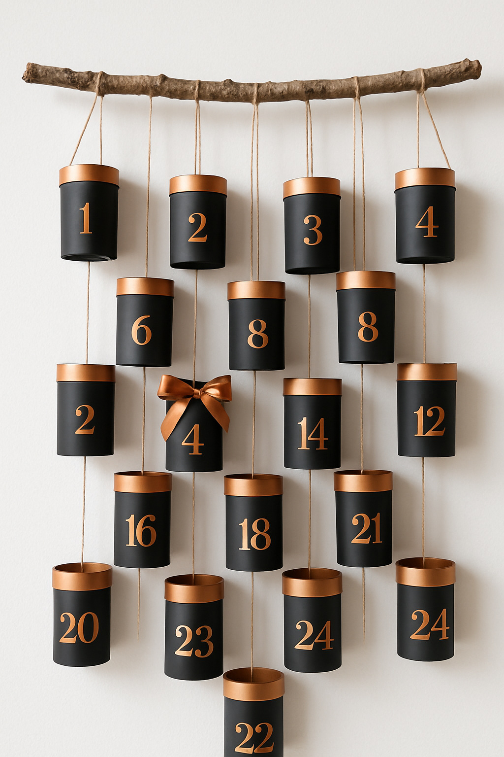 Imagem de um Calendário do Advento feito com rolos de papelão pintados de preto fosco e detalhes em cobre, pendurado em um galho.