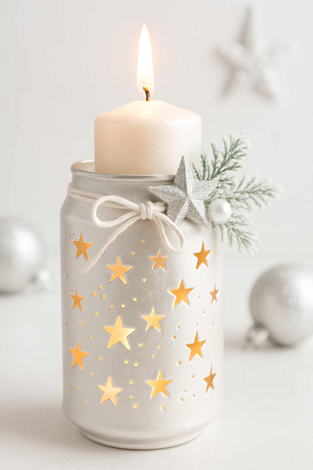 Imagem de um Porta-velas de Natal feito com latas de alumínio recicladas, perfuradas com padrões de estrelas e pintadas de branco perolado.