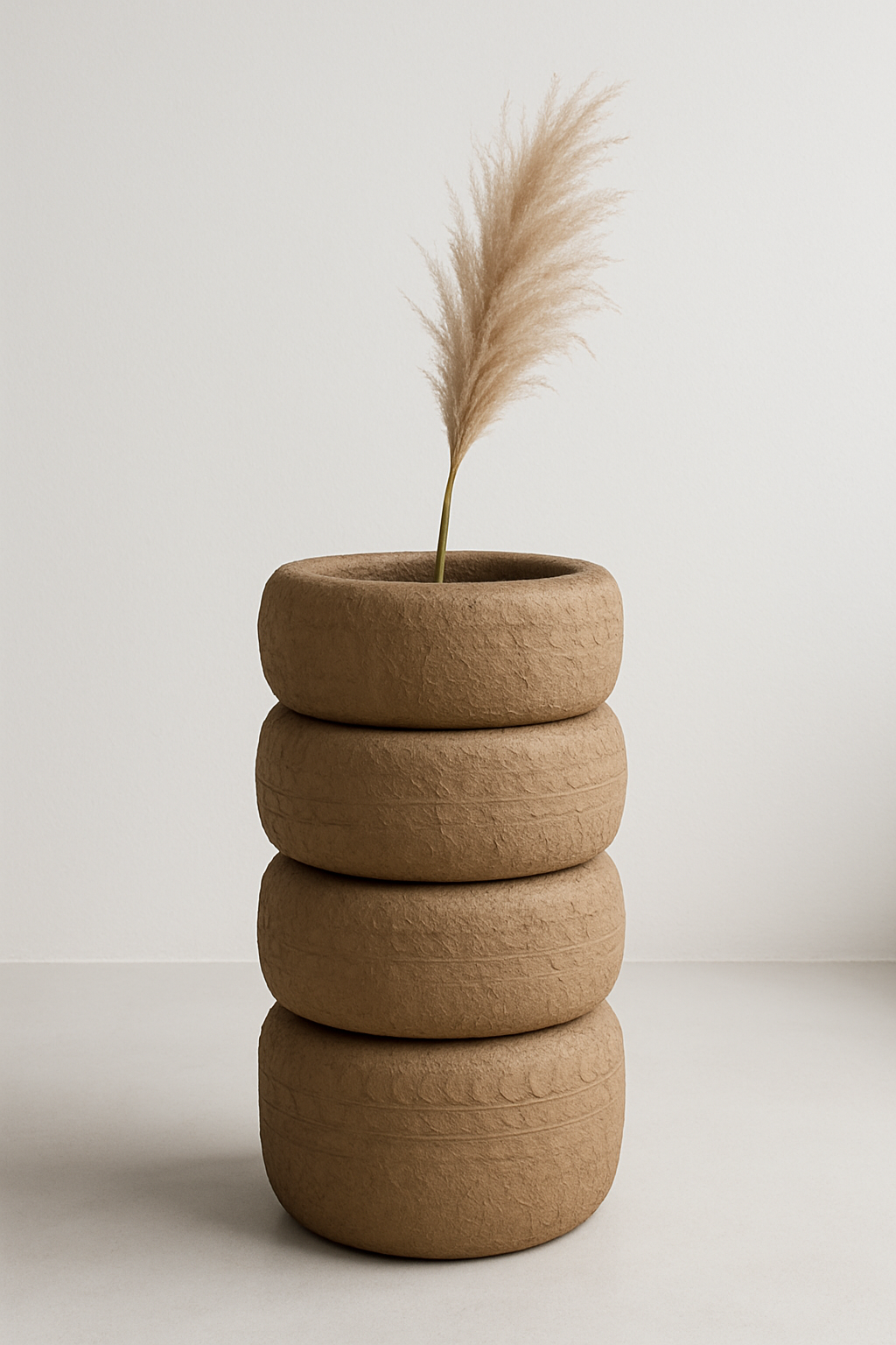 Imagem de um Vaso de chão escultural feito com pneus velhos empilhados e revestidos com massa texturizada e pintura em tom terroso fosco.