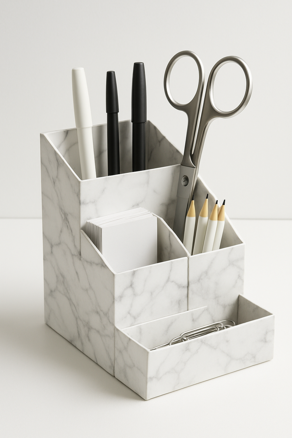 Imagem de um Organizador de mesa de escritório feito com caixas de cereal e papelão, revestido com papel contact imitando mármore branco.