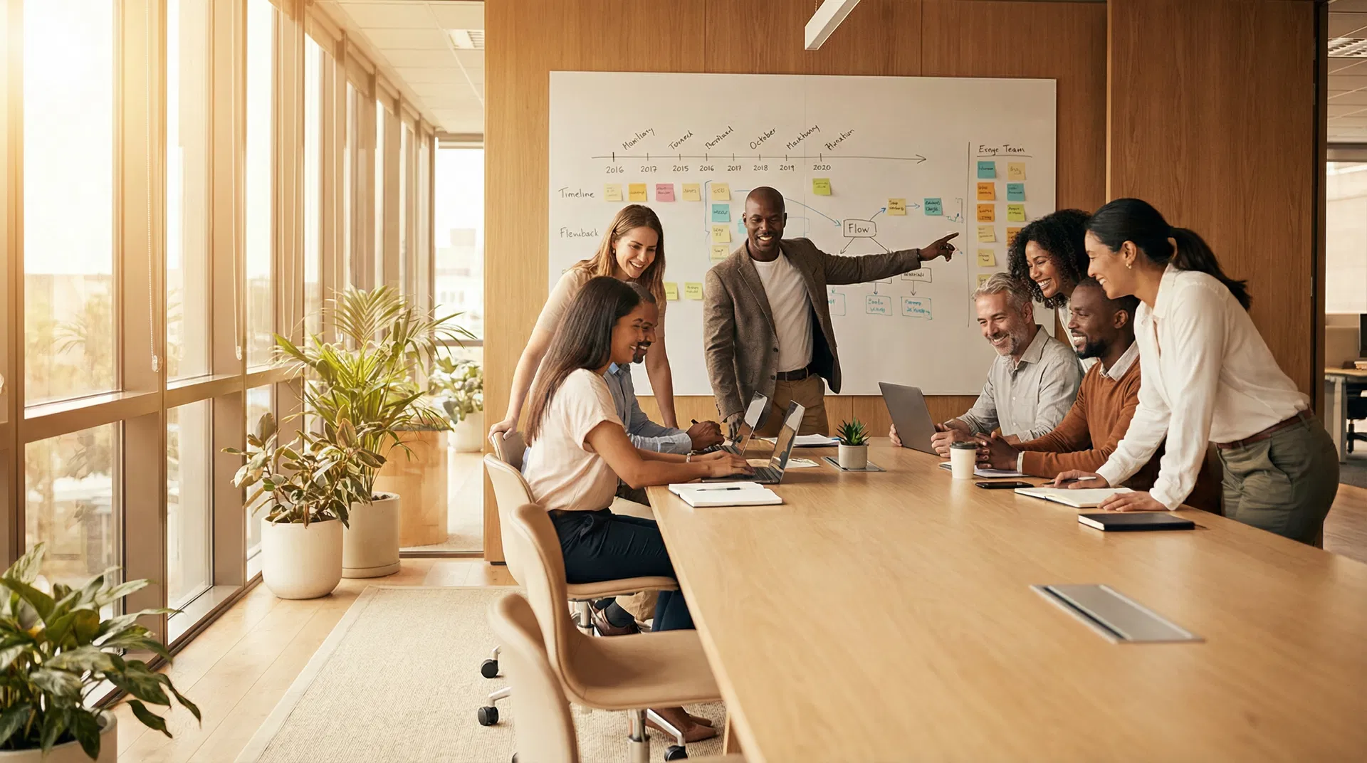 Team strategy meeting and collaborative project management