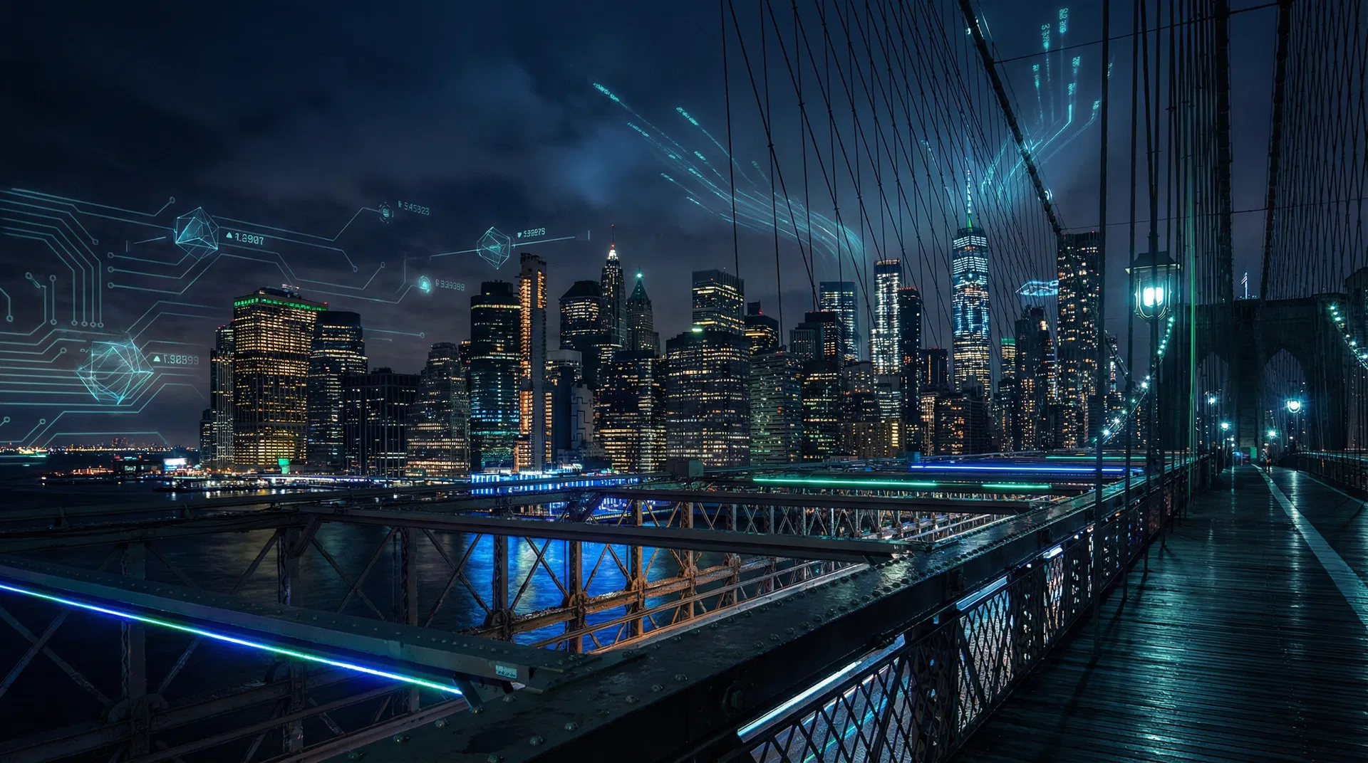 NYC Manhattan skyline at night with digital marketing data overlay