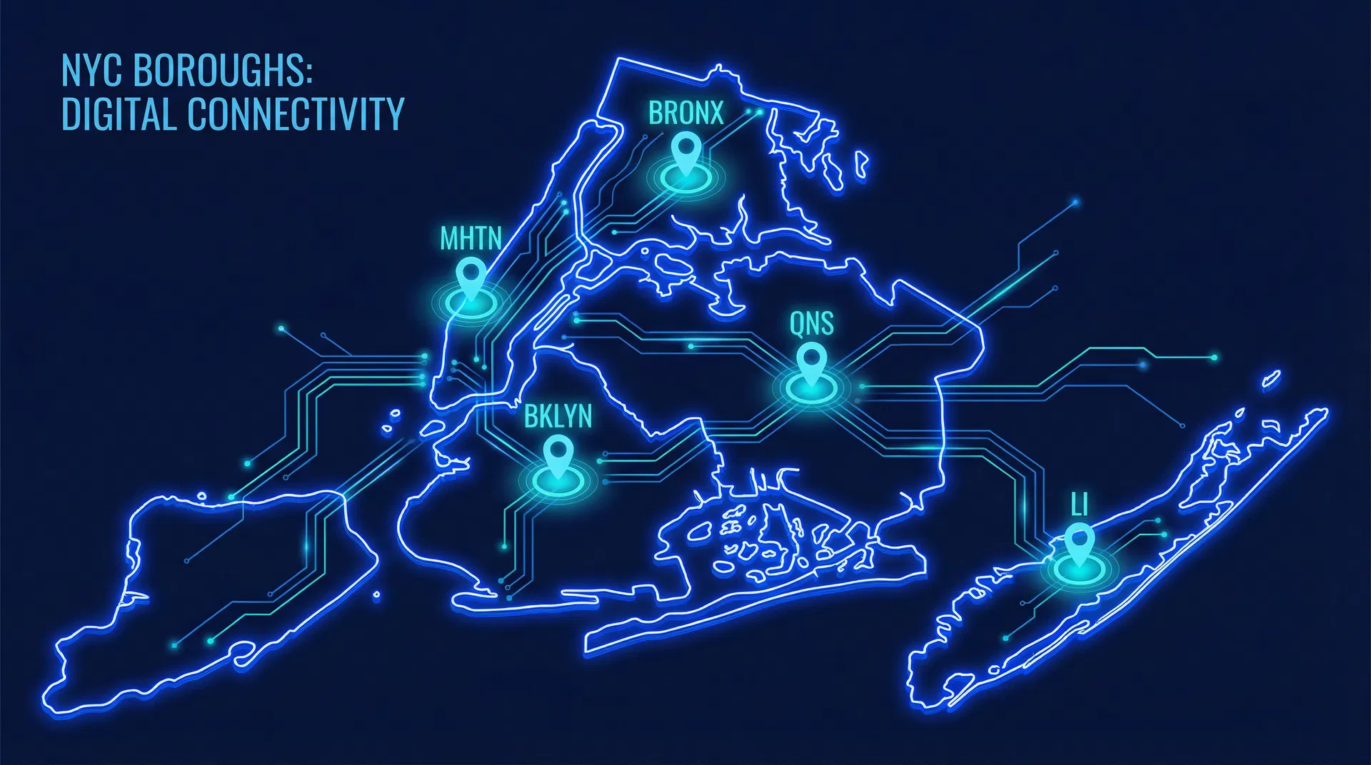 NYC borough map showing Manifestera digital marketing service areas: Manhattan, Brooklyn, Queens, Bronx, Long Island