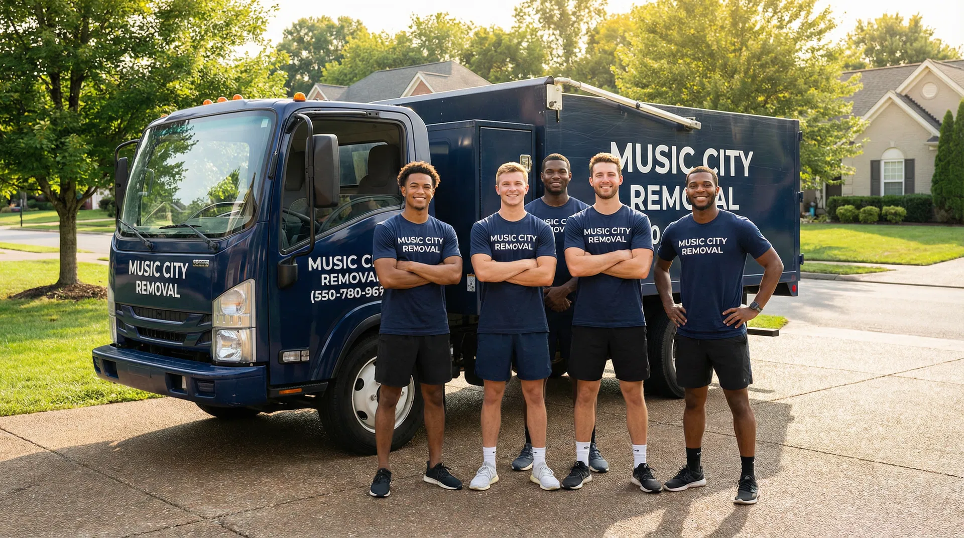 Music City Removal all-male junk removal crew in Nashville TN standing in front of company truck