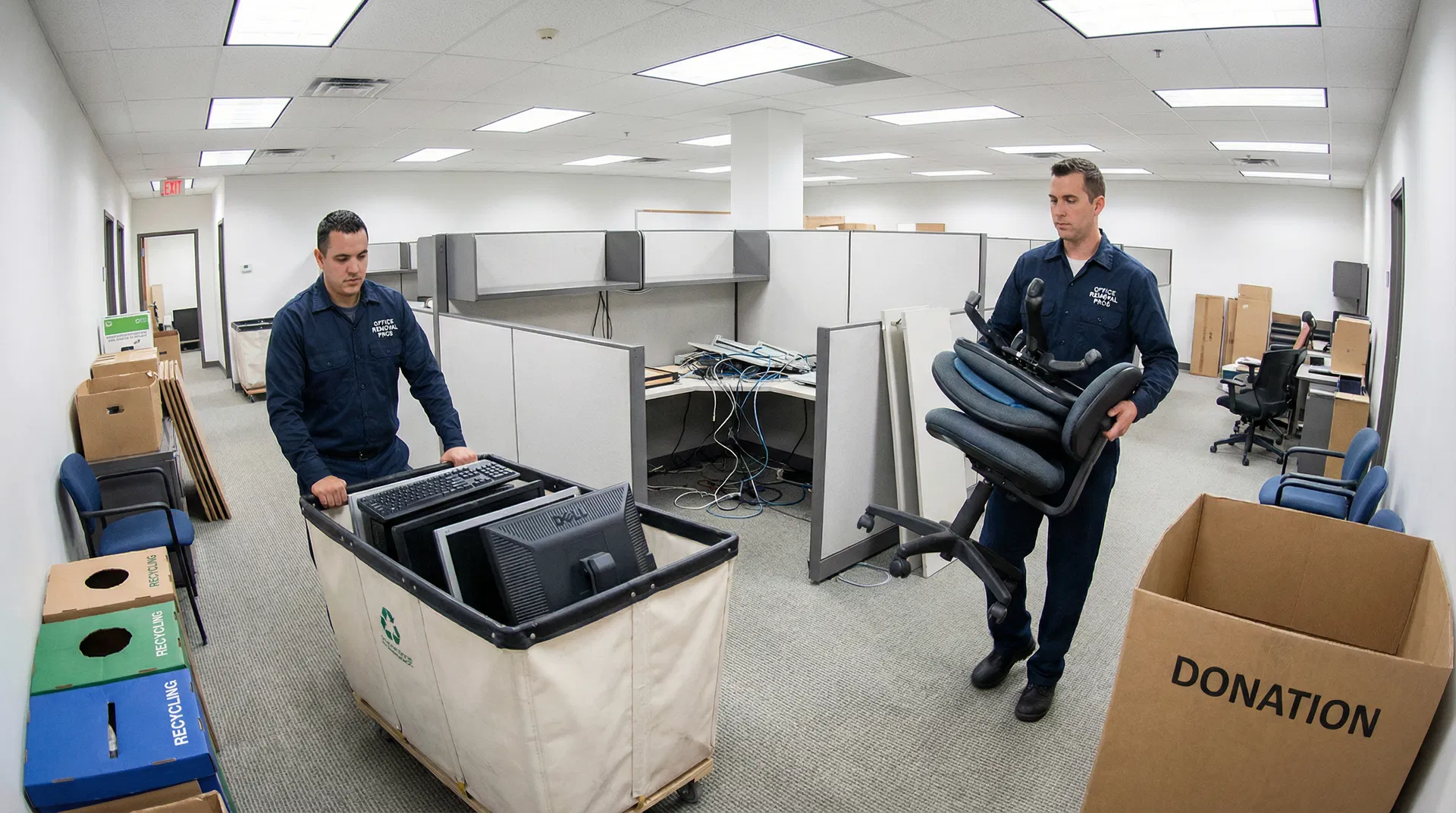 Commercial office cleanout service in Nashville - workers removing desks, chairs, and office equipment