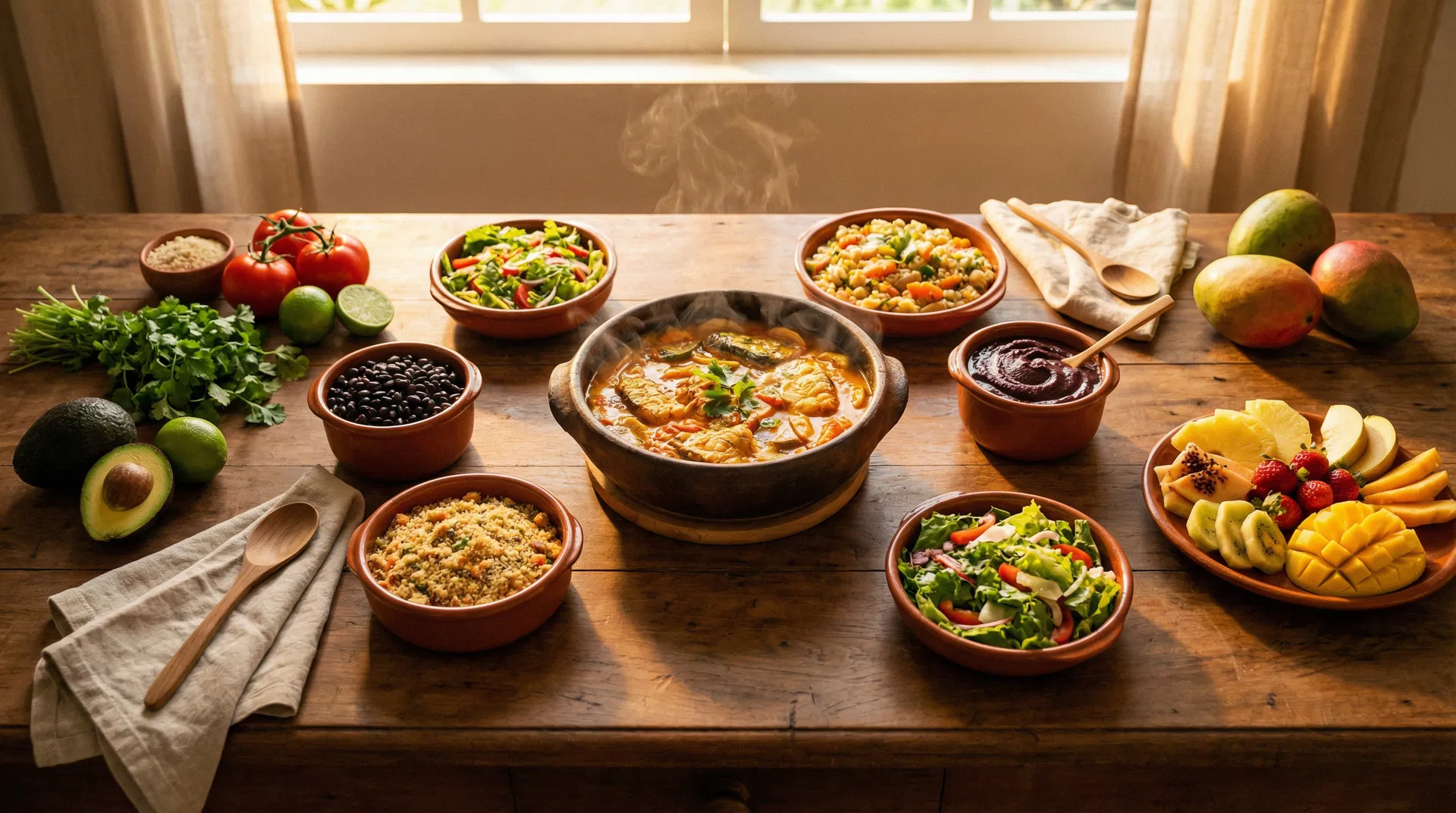 Brazilian kitchen table with healthy dishes