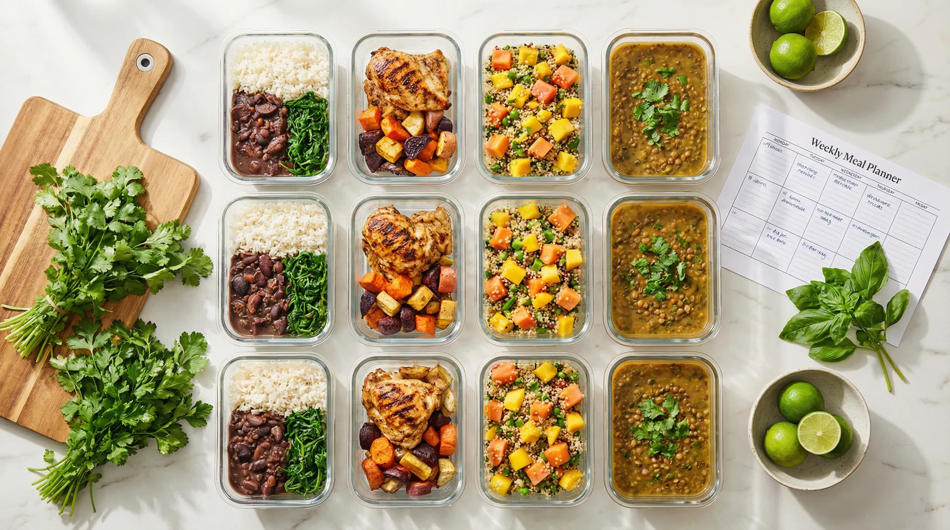 Organized meal prep containers with Brazilian-inspired meals