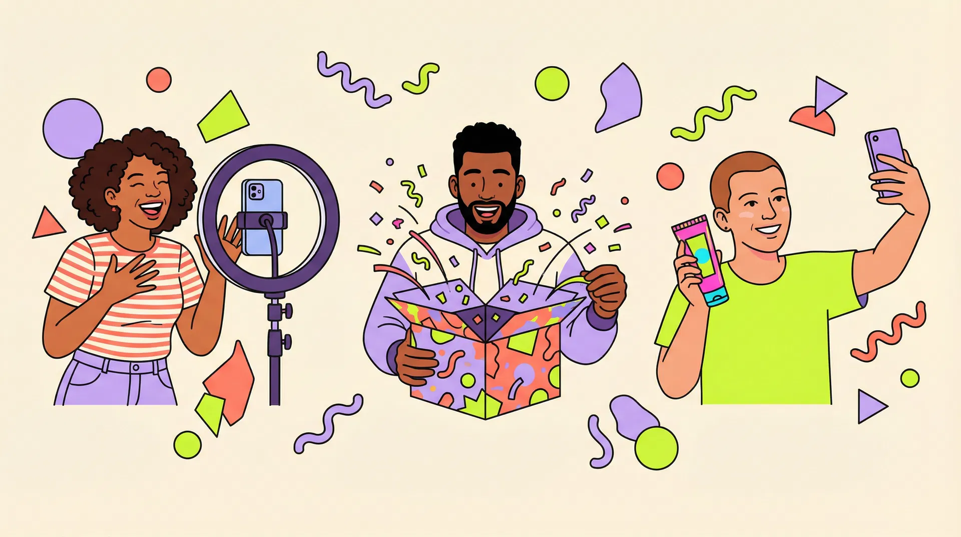 Diverse content creators filming, unboxing, and creating content with colorful Memphis-style shapes