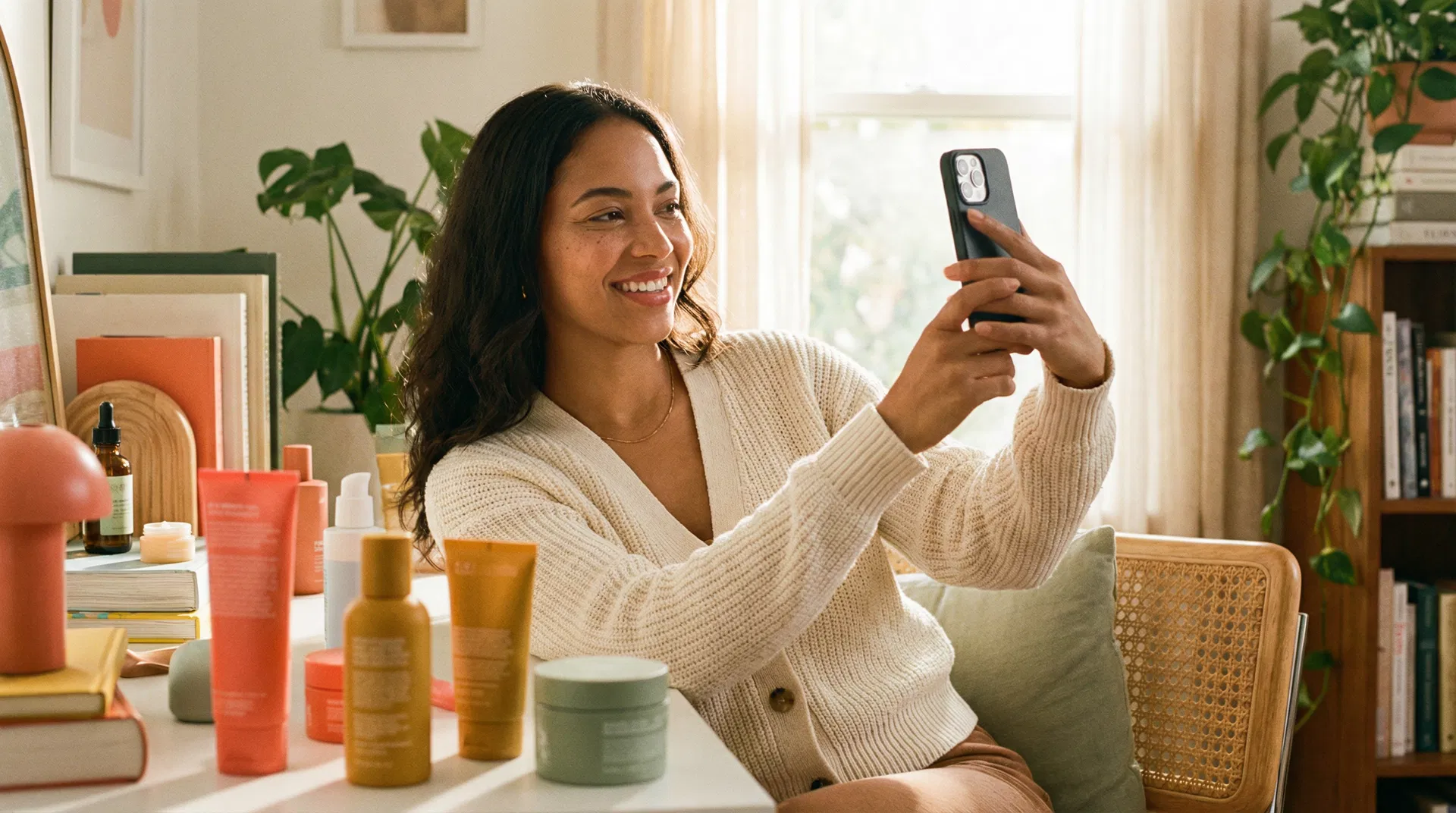 Content creator filming a product review on their smartphone