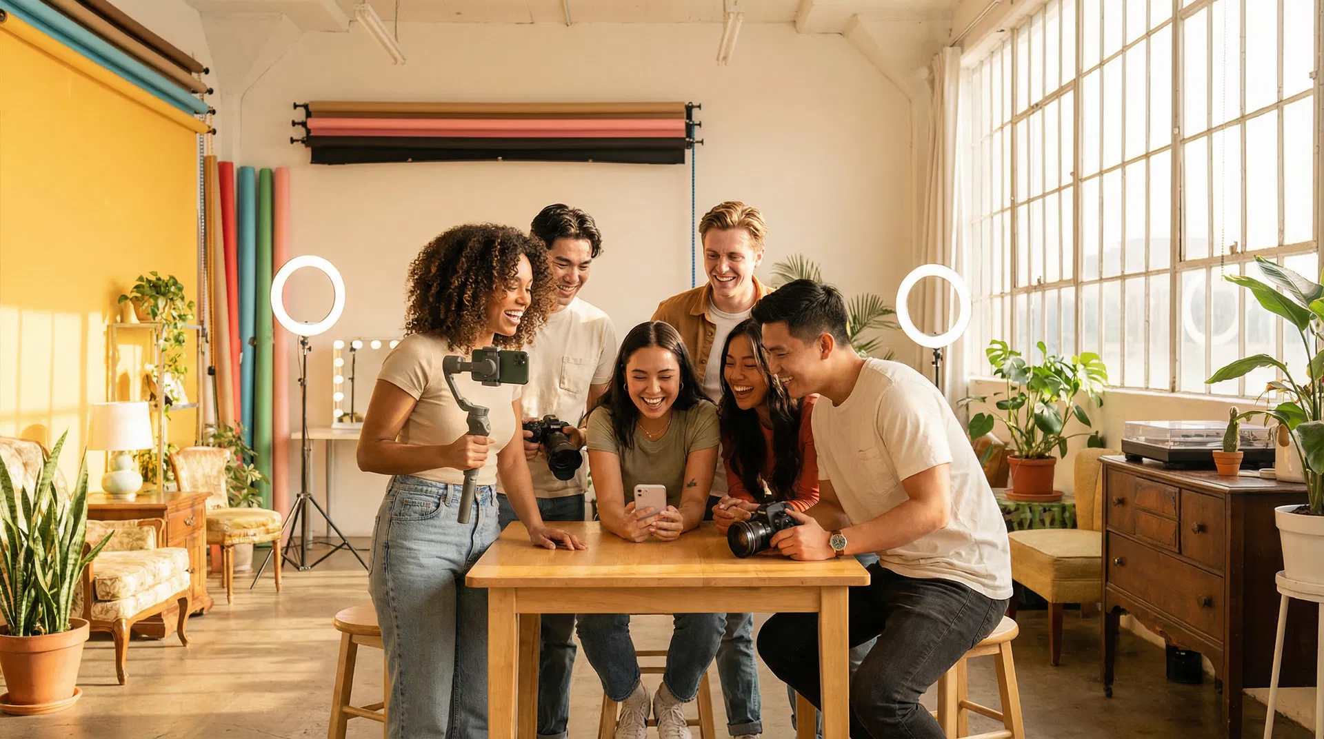 Diverse group of content creators collaborating in a creative studio