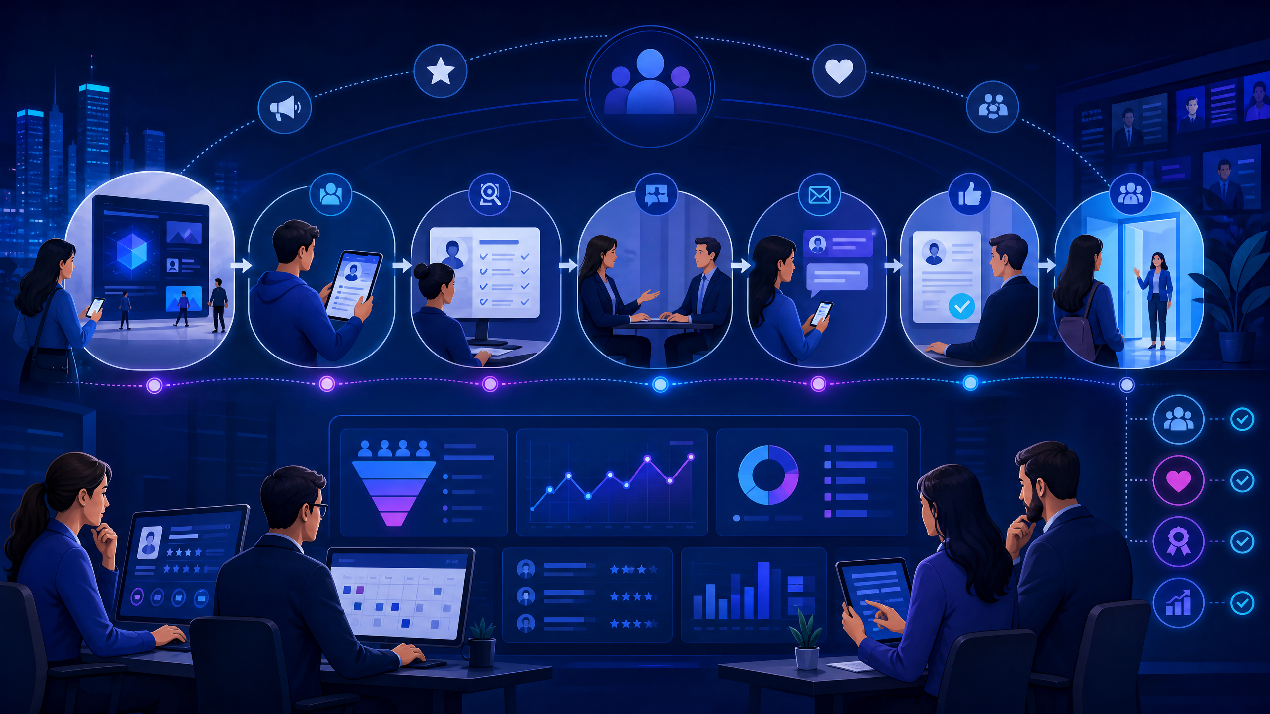 Employer branding connected to recruitment automation, candidate communication, interviews, and measurable hiring outcomes