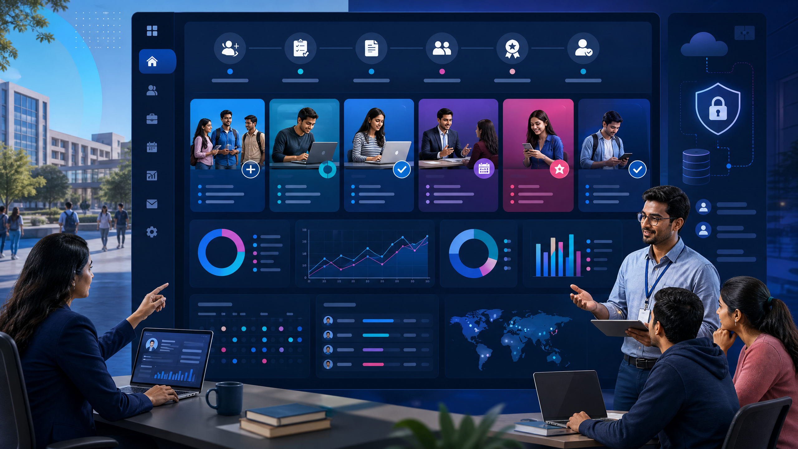 Campus hiring solutions dashboard showing student progress, college coordination, assessments, interviews, offers, joining, and analytics