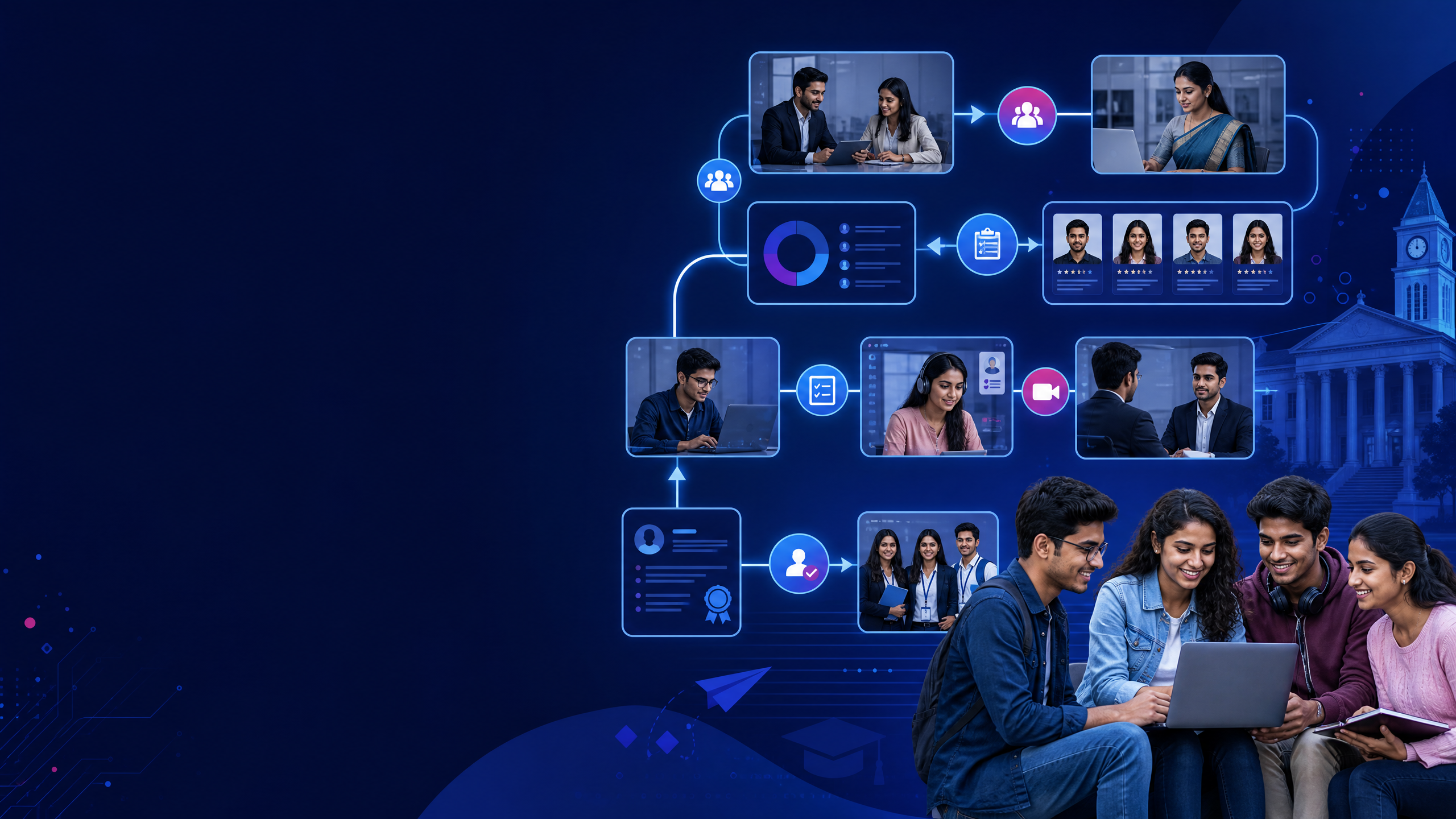 Campus hiring solutions connecting employers, colleges, TPOs, student registration, assessments, interviews, offers, and joining