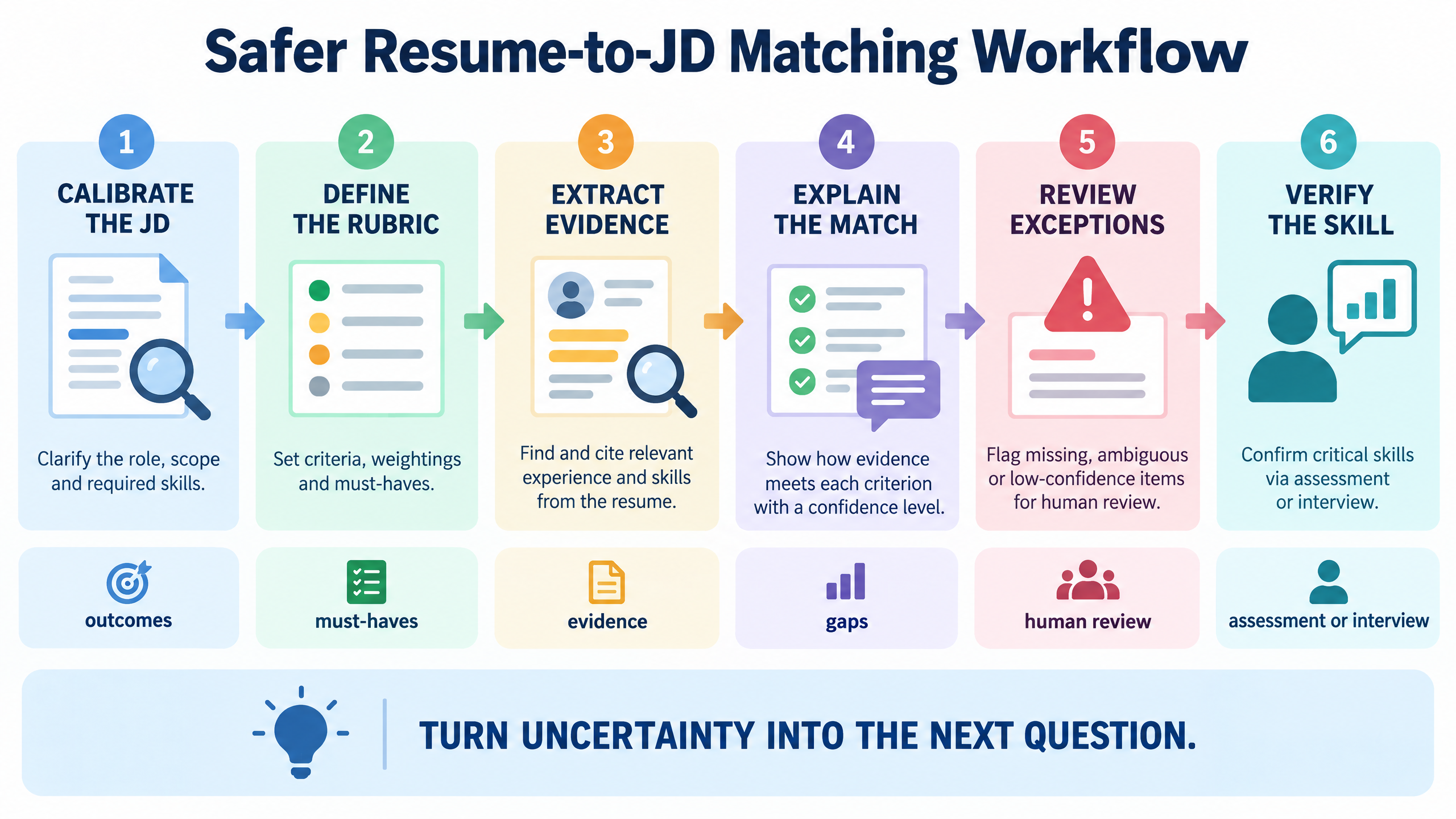 Resume-to-JD matching workflow showing job requirements, evidence extraction, match review, gap analysis, and human shortlisting