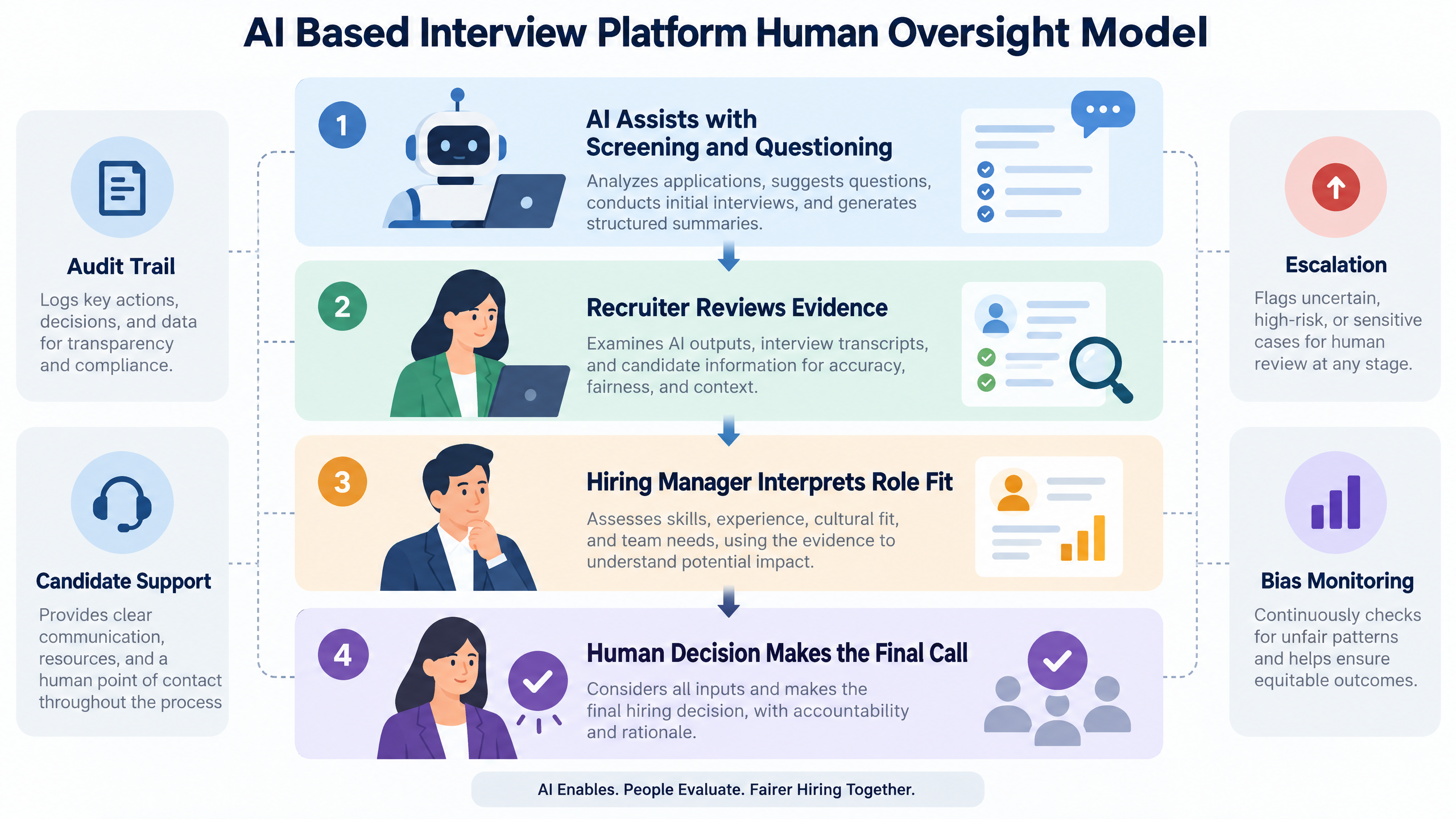 How to Implement AI Based Interview Platform for a Modern TA Stack 2 AI based interview platform human oversight model showing AI assistance, recruiter review, hiring manager interpretation, and human final decision
