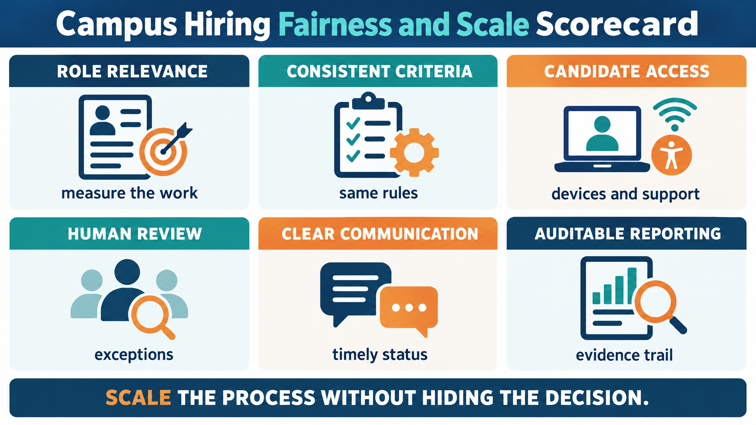 Campus Hiring Solutions: How to Plan Fair, Scalable Graduate Recruitment 3 Campus hiring fairness and scale scorecard showing role relevance, consistent criteria, candidate access, human review, clear communication, and auditable reporting