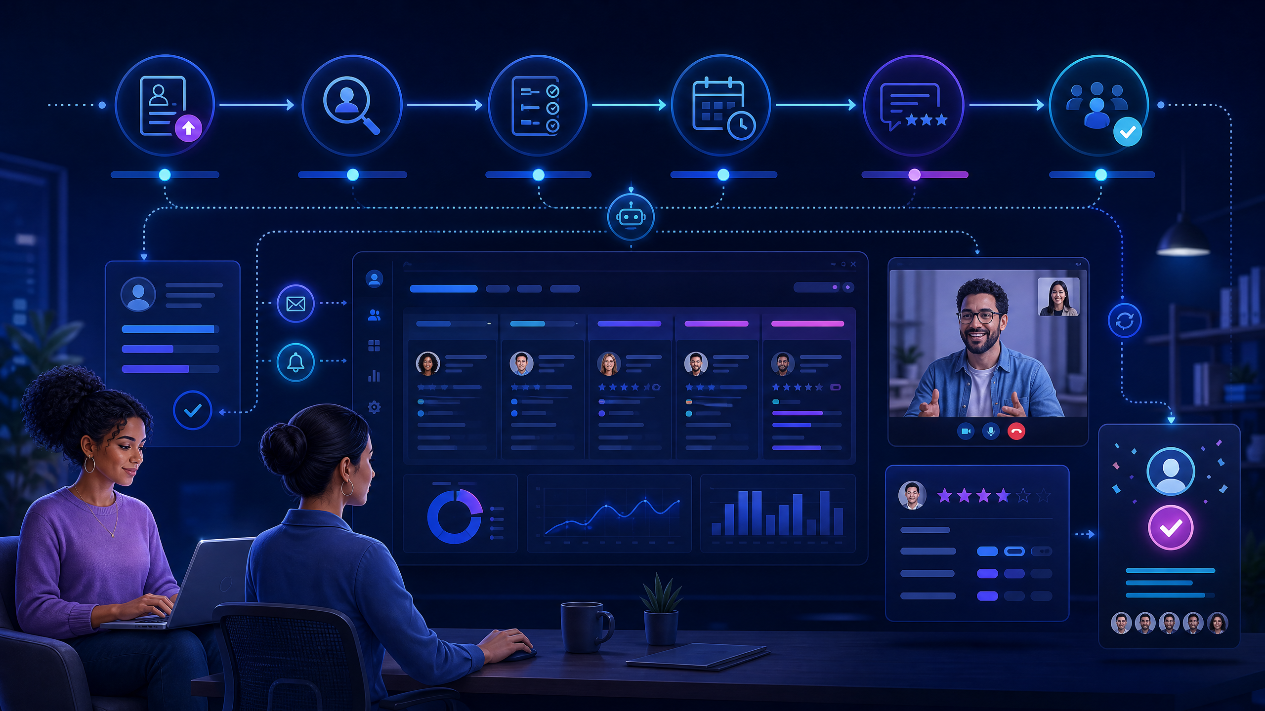 The Complete Guide to Recruitment Process Automation with the Right Hiring Workflow 2 Recruitment process automation with connected candidate, recruiter, interviewer, and hiring-manager workflows