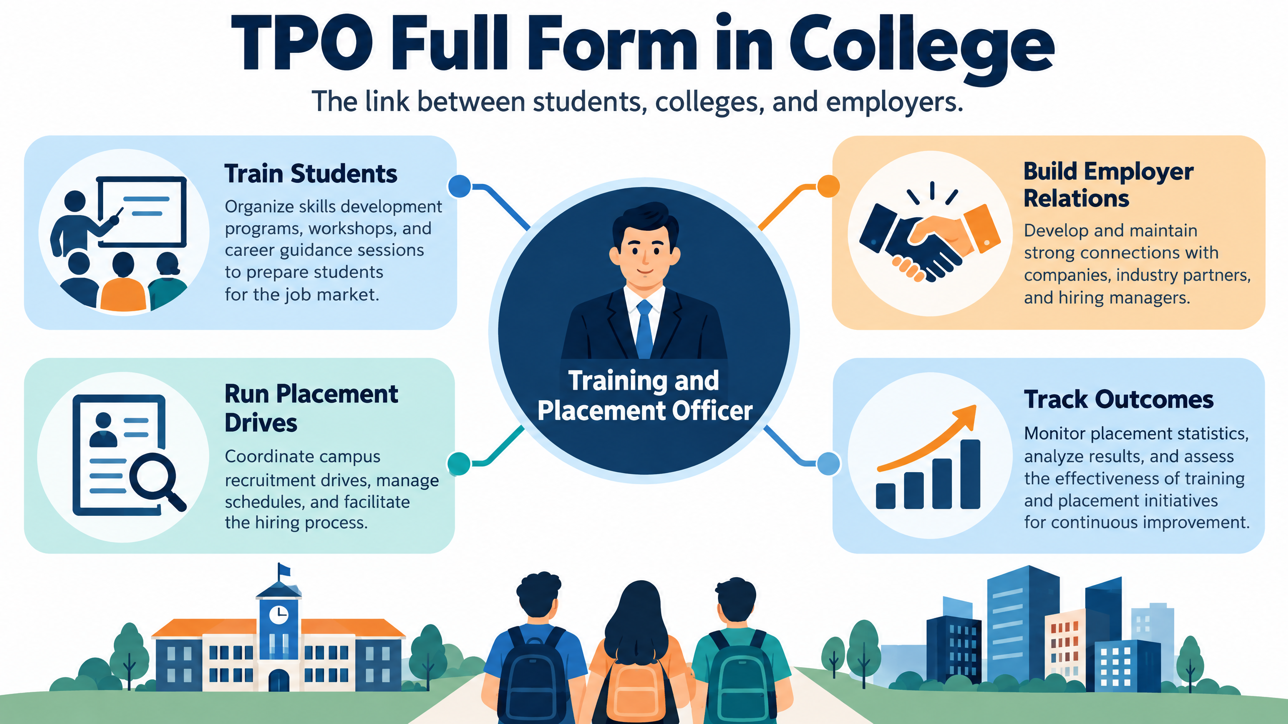 TPO full form in college infographic showing Training and Placement Officer with responsibilities to train students, build employer relations, run placement drives, and track outcomes